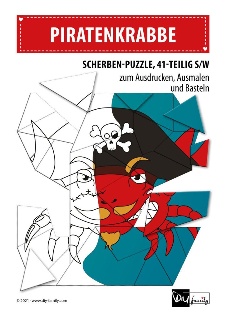 Piratenkrabbe – Scherben-Puzzle zum Ausdrucken, Ausschneiden und Ausmalen