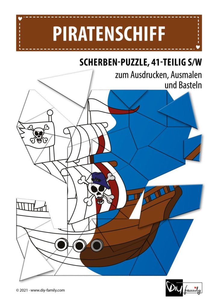 Piratenschiff – Scherben-Puzzle zum Ausdrucken, Ausschneiden und Ausmalen