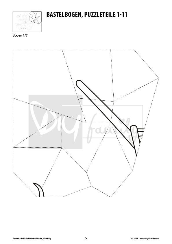 Piratenschiff – Scherben-Puzzle zum Ausdrucken, Ausschneiden und Ausmalen