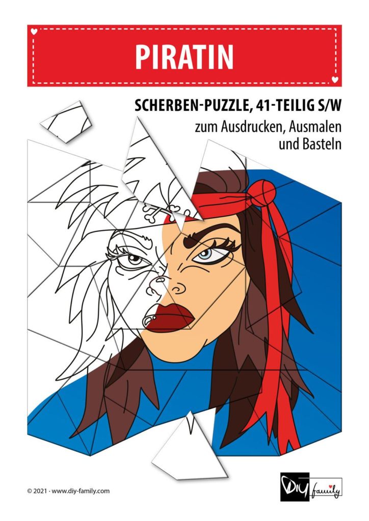 Piratin – Scherben-Puzzle zum Ausdrucken, Ausschneiden und Ausmalen