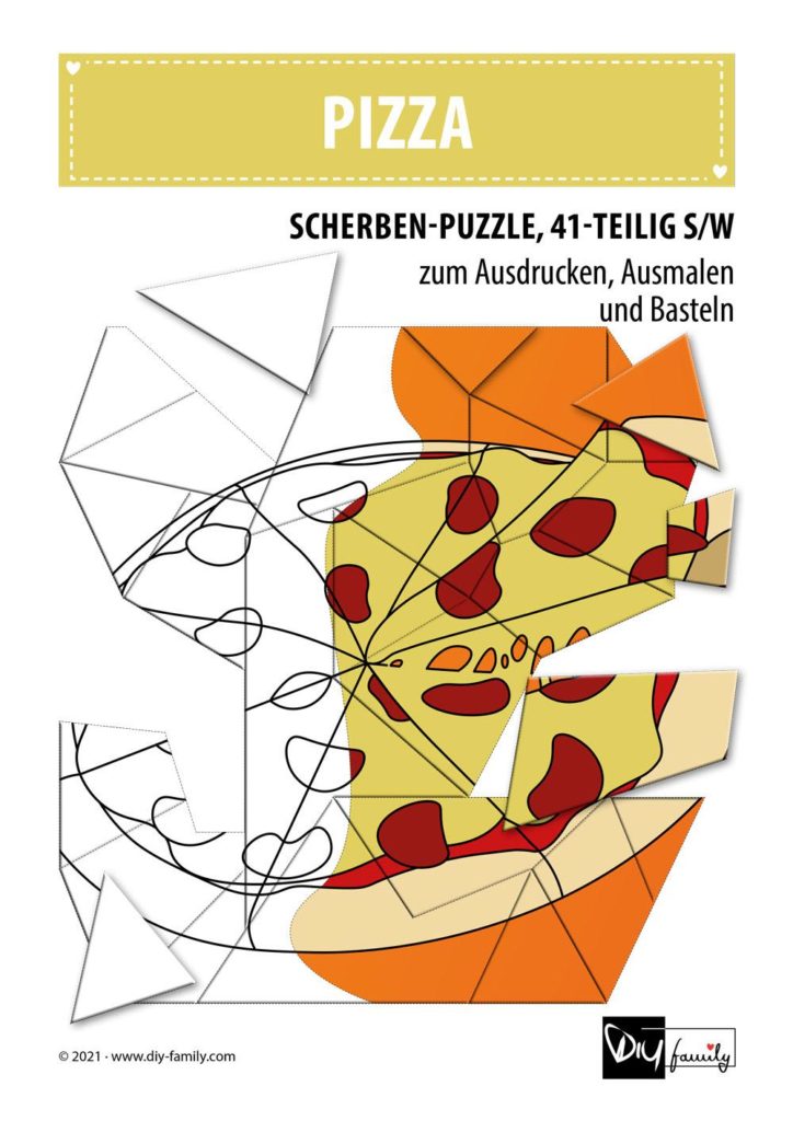 Pizza – Scherben-Puzzle zum Ausdrucken, Ausschneiden und Ausmalen