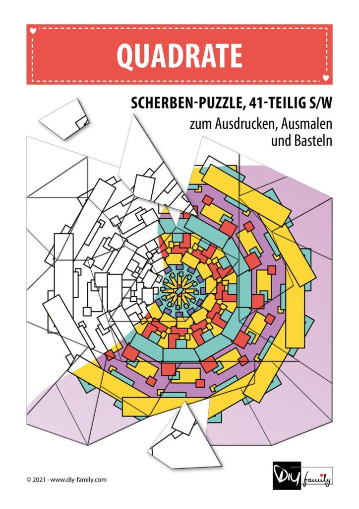 Quadrate – Scherben-Puzzle zum Ausdrucken, Ausschneiden und Ausmalen