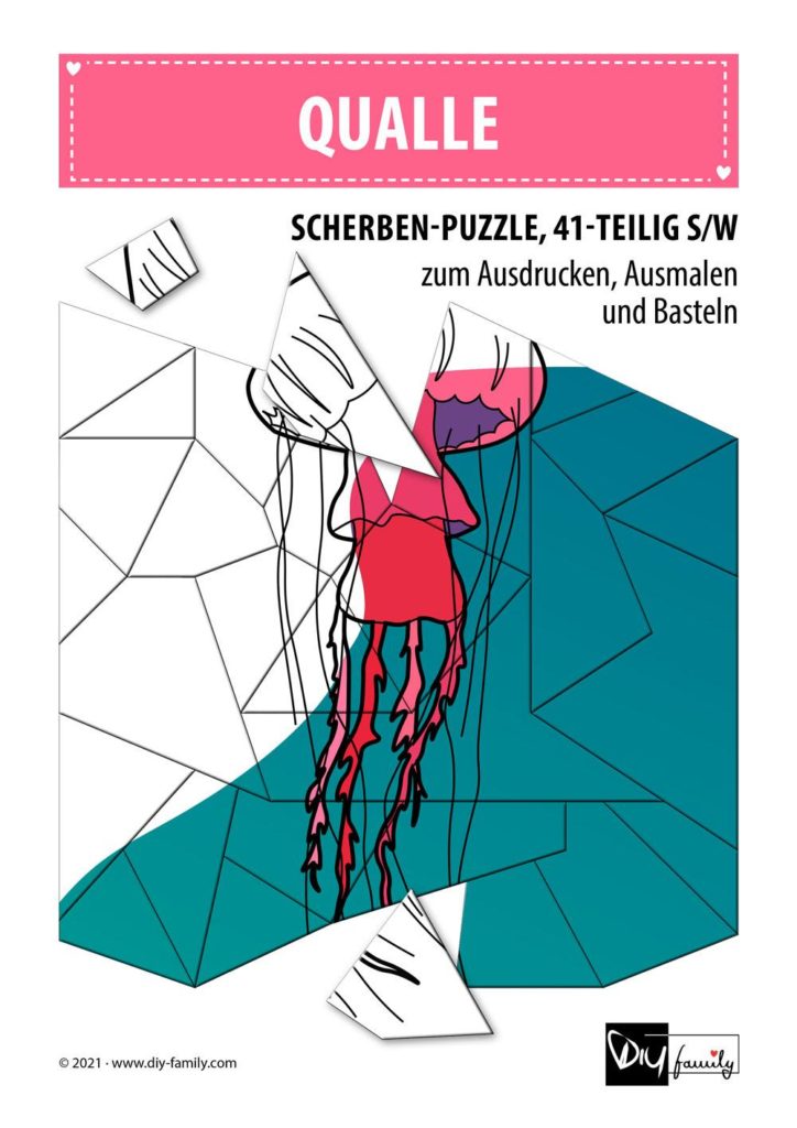 Qualle – Scherben-Puzzle zum Ausdrucken, Ausschneiden und Ausmalen