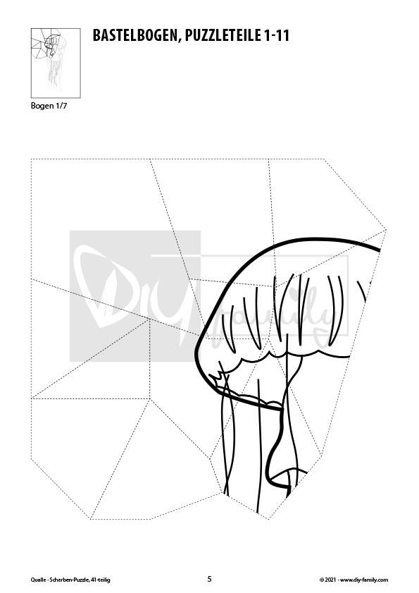 Qualle – Scherben-Puzzle zum Ausdrucken, Ausschneiden und Ausmalen