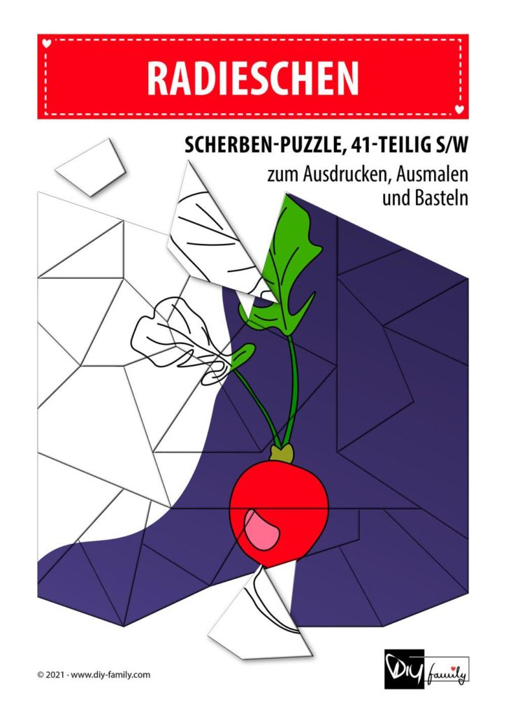 Radieschen – Scherben-Puzzle zum Ausdrucken, Ausschneiden und Ausmalen