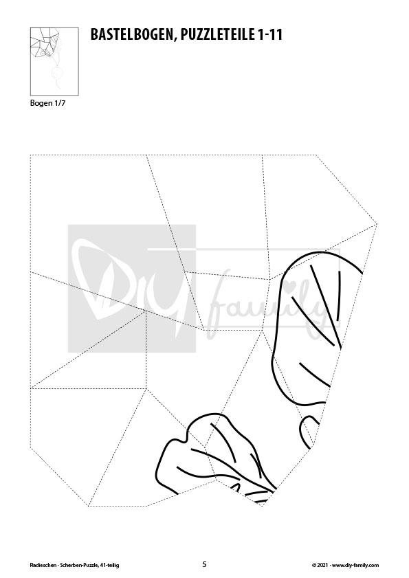 Radieschen – Scherben-Puzzle zum Ausdrucken, Ausschneiden und Ausmalen