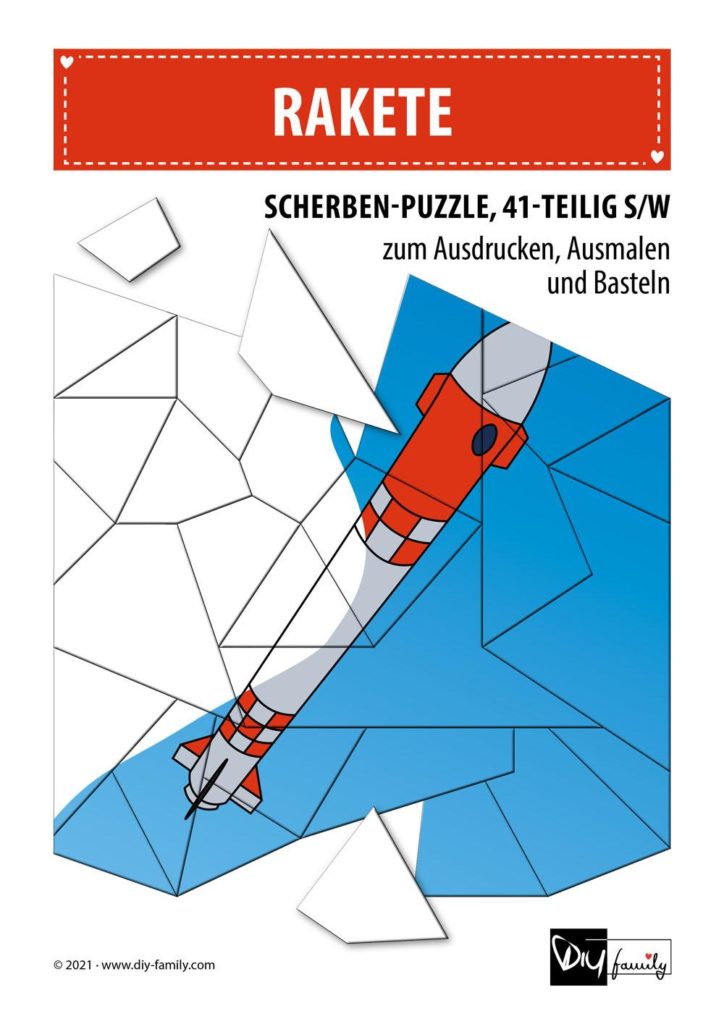 Rakete – Scherben-Puzzle zum Ausdrucken, Ausschneiden und Ausmalen