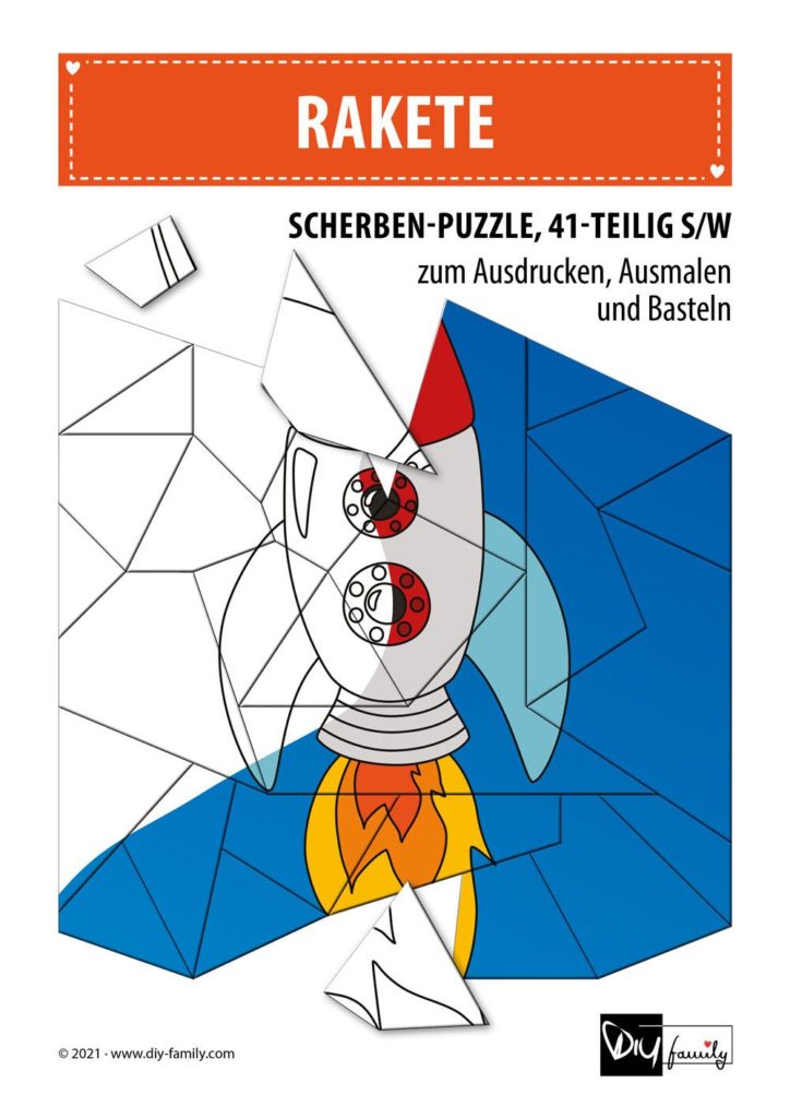 Rakete – Scherben-Puzzle zum Ausdrucken, Ausschneiden und Ausmalen