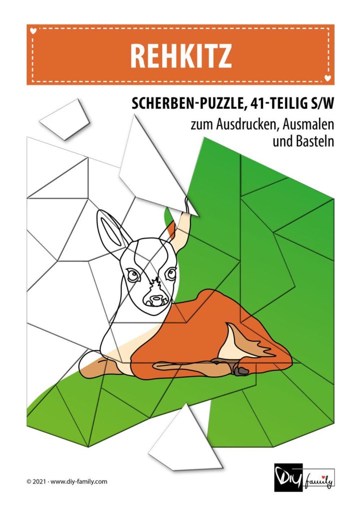 Rehkitz – Scherben-Puzzle zum Ausdrucken, Ausschneiden und Ausmalen