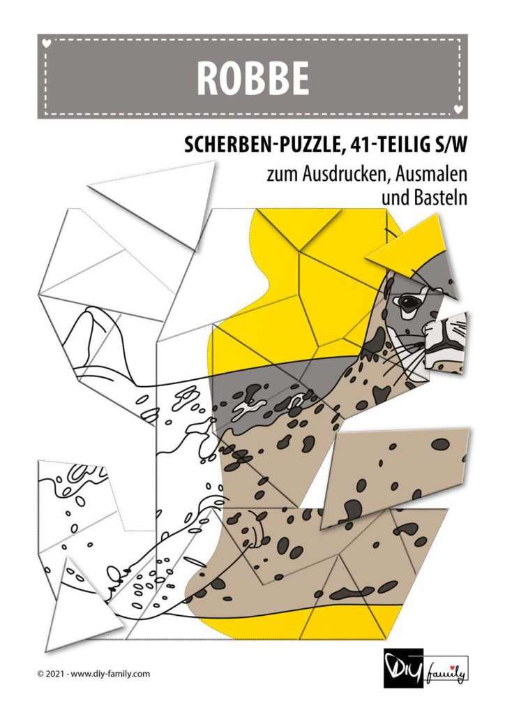 Robbe – Scherben-Puzzle zum Ausdrucken, Ausschneiden und Ausmalen