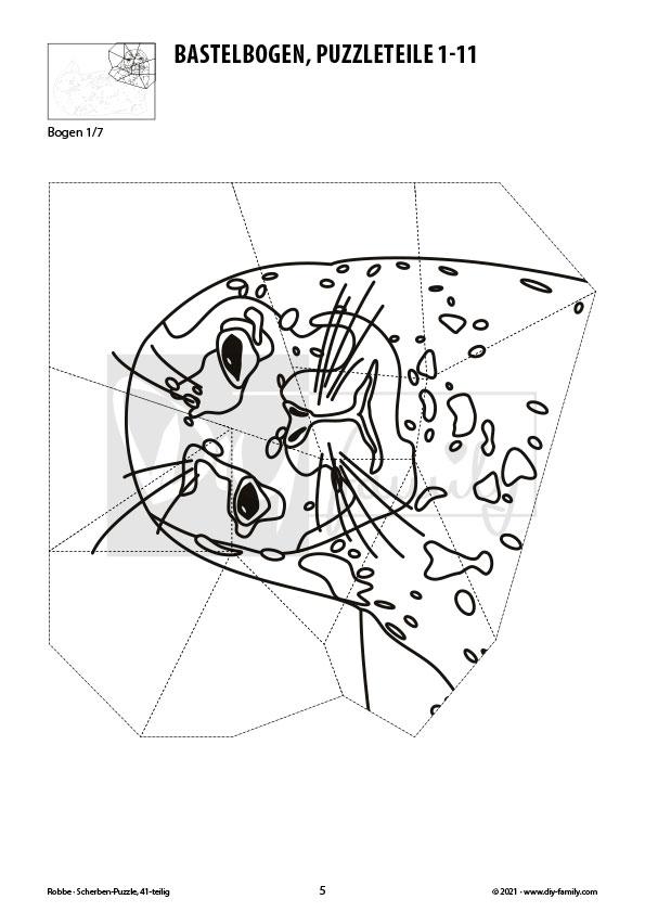 Robbe – Scherben-Puzzle zum Ausdrucken, Ausschneiden und Ausmalen