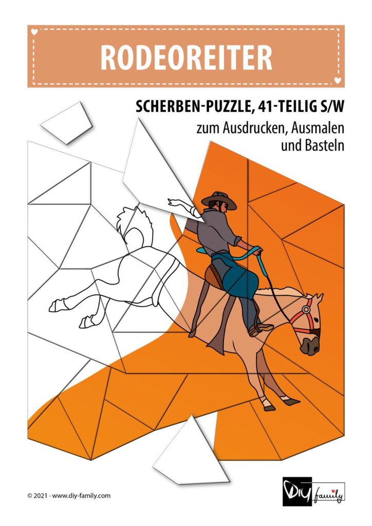 Rodeoreiter – Scherben-Puzzle zum Ausdrucken, Ausschneiden und Ausmalen