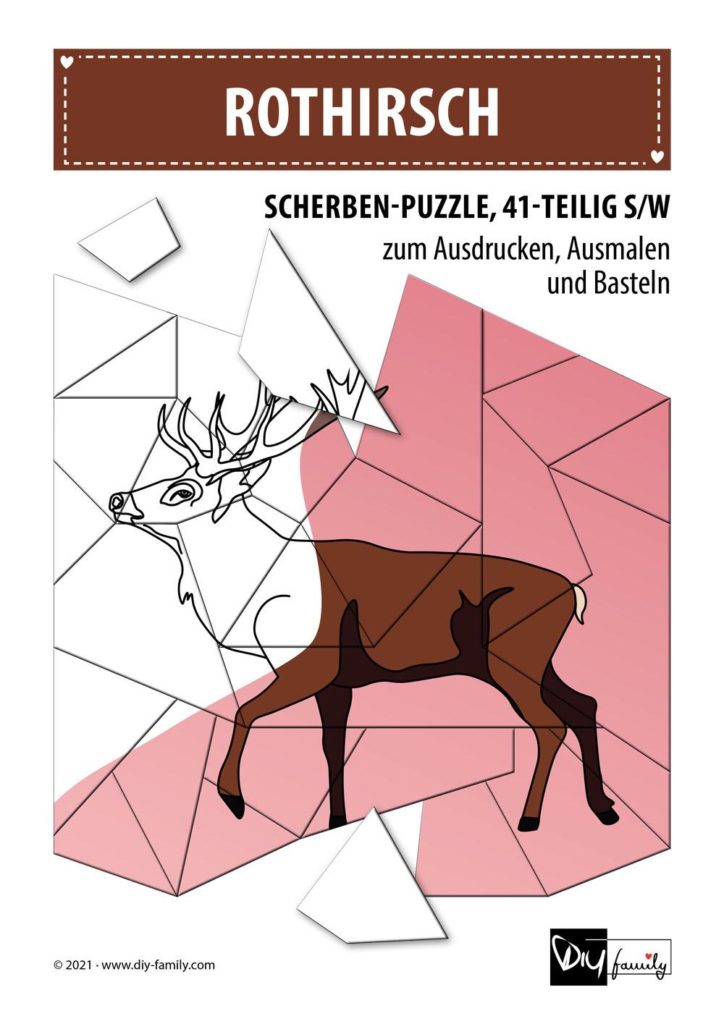 Rothirsch – Scherben-Puzzle zum Ausdrucken, Ausschneiden und Ausmalen