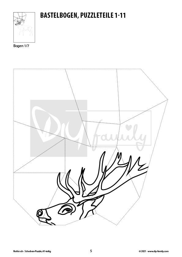 Rothirsch – Scherben-Puzzle zum Ausdrucken, Ausschneiden und Ausmalen