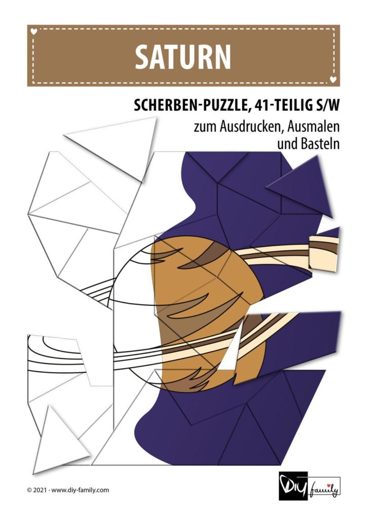 Saturn – Scherben-Puzzle zum Ausdrucken, Ausschneiden und Ausmalen