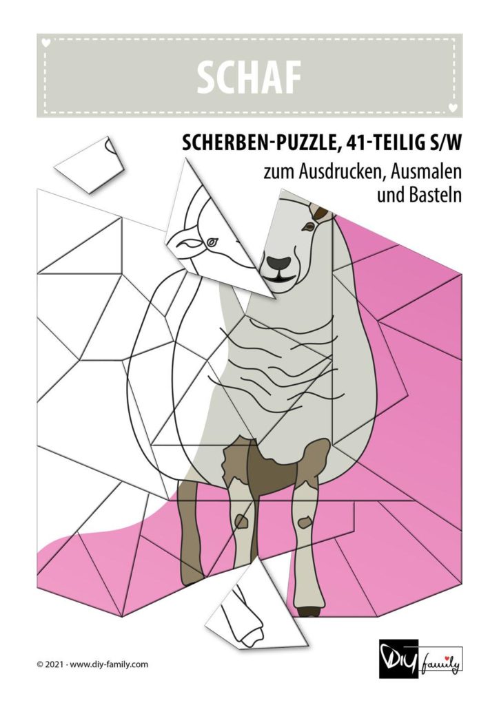 Schaf – Scherben-Puzzle zum Ausdrucken, Ausschneiden und Ausmalen
