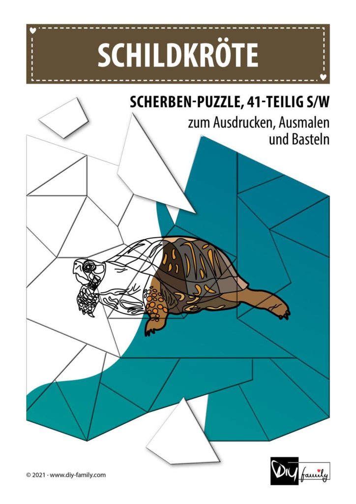 Schildkröte – Scherben-Puzzle zum Ausdrucken, Ausschneiden und Ausmalen