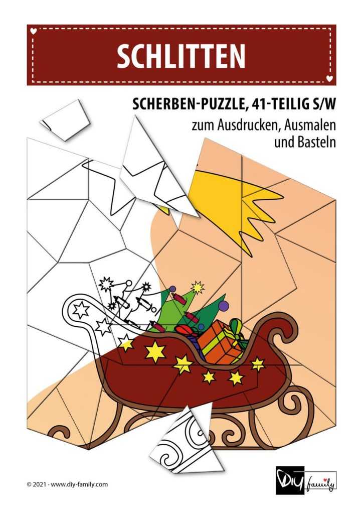 Schlitten – Scherben-Puzzle zum Ausdrucken, Ausschneiden und Ausmalen