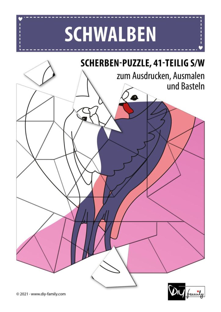 Schwalben – Scherben-Puzzle zum Ausdrucken, Ausschneiden und Ausmalen