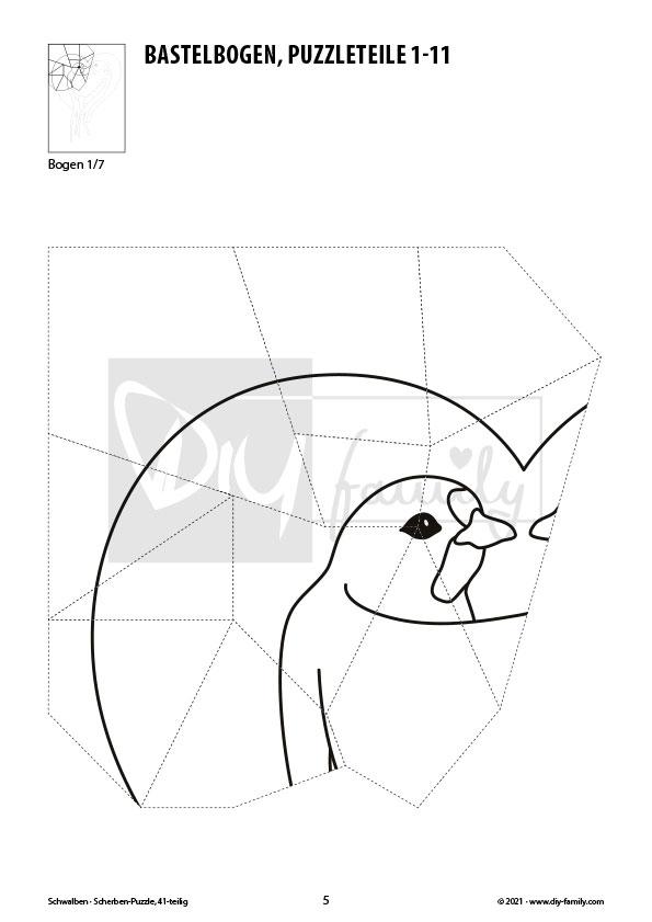 Schwalben – Scherben-Puzzle zum Ausdrucken, Ausschneiden und Ausmalen