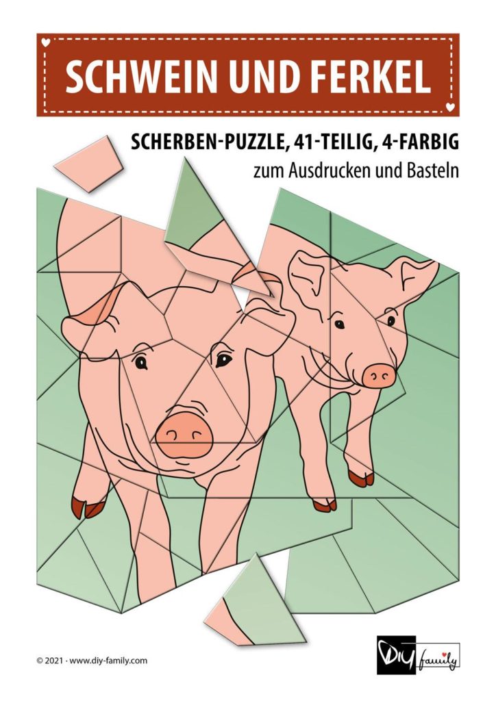 Schwein und Ferkel – Scherben-Puzzle zum Ausdrucken und Ausschneiden