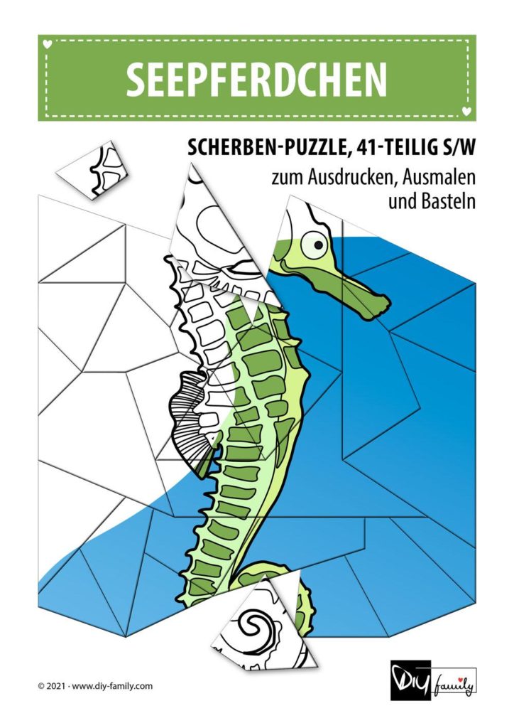 Seepferdchen – Scherben-Puzzle zum Ausdrucken, Ausschneiden und Ausmalen