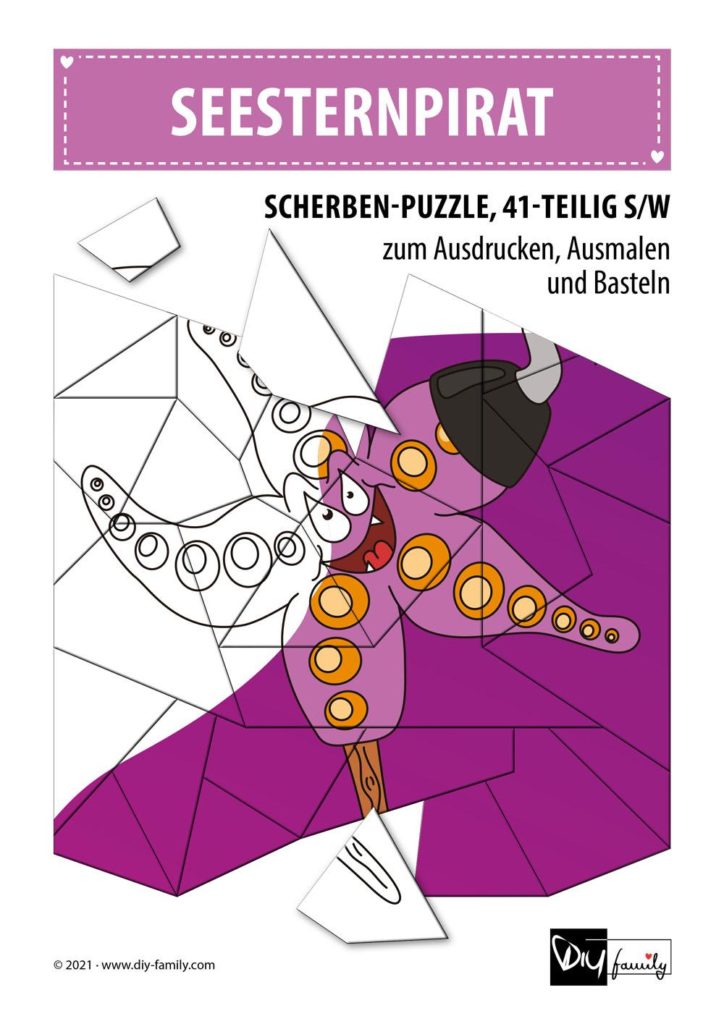 Seestern Pirat – Scherben-Puzzle zum Ausdrucken, Ausschneiden und Ausmalen