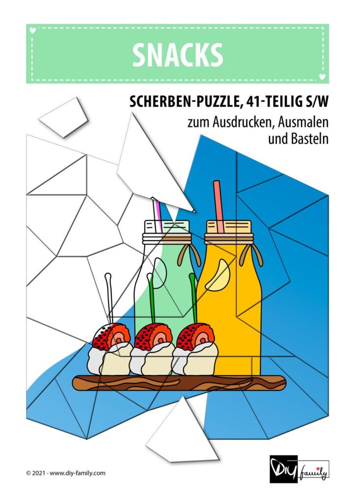 Snacks – Scherben-Puzzle zum Ausdrucken, Ausschneiden und Ausmalen