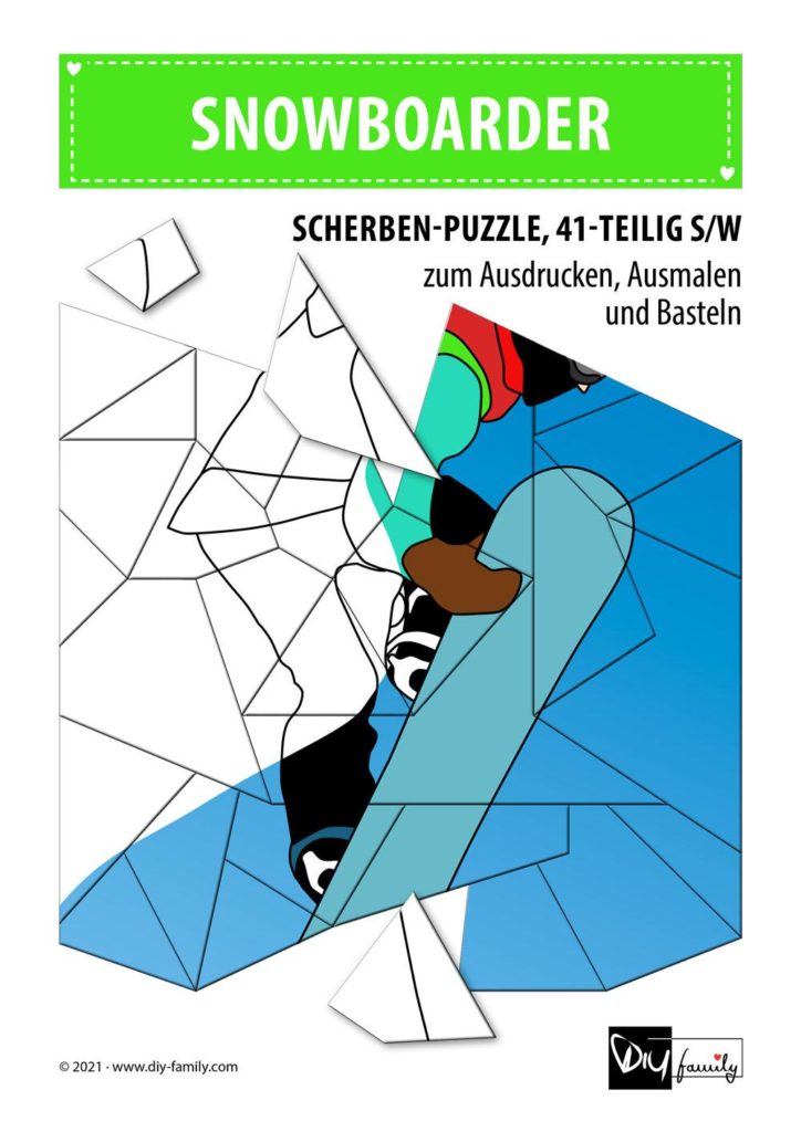 Snowboarder – Scherben-Puzzle zum Ausdrucken, Ausschneiden und Ausmalen