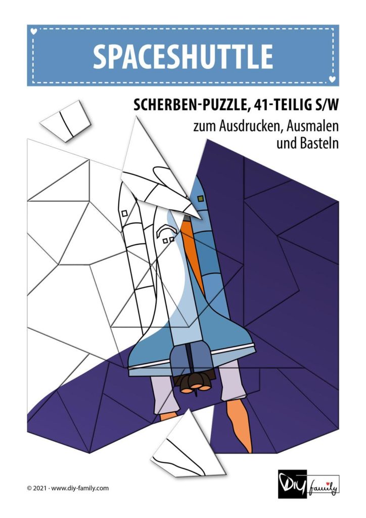 Spaceshuttle – Scherben-Puzzle zum Ausdrucken, Ausschneiden und Ausmalen