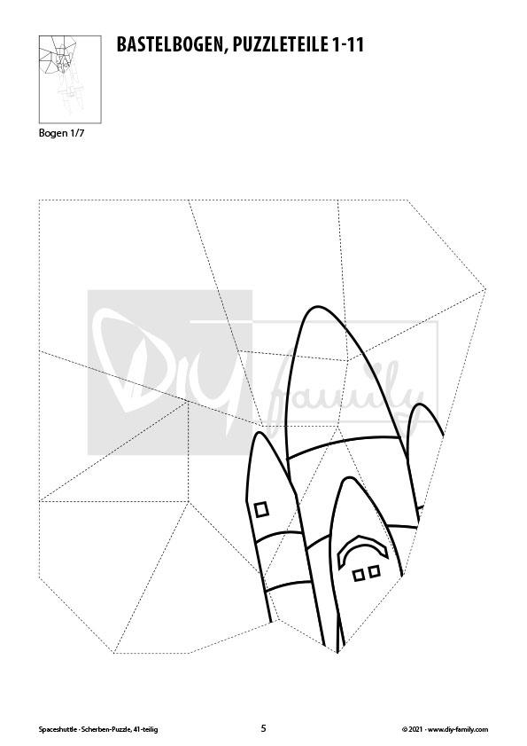 Spaceshuttle – Scherben-Puzzle zum Ausdrucken, Ausschneiden und Ausmalen