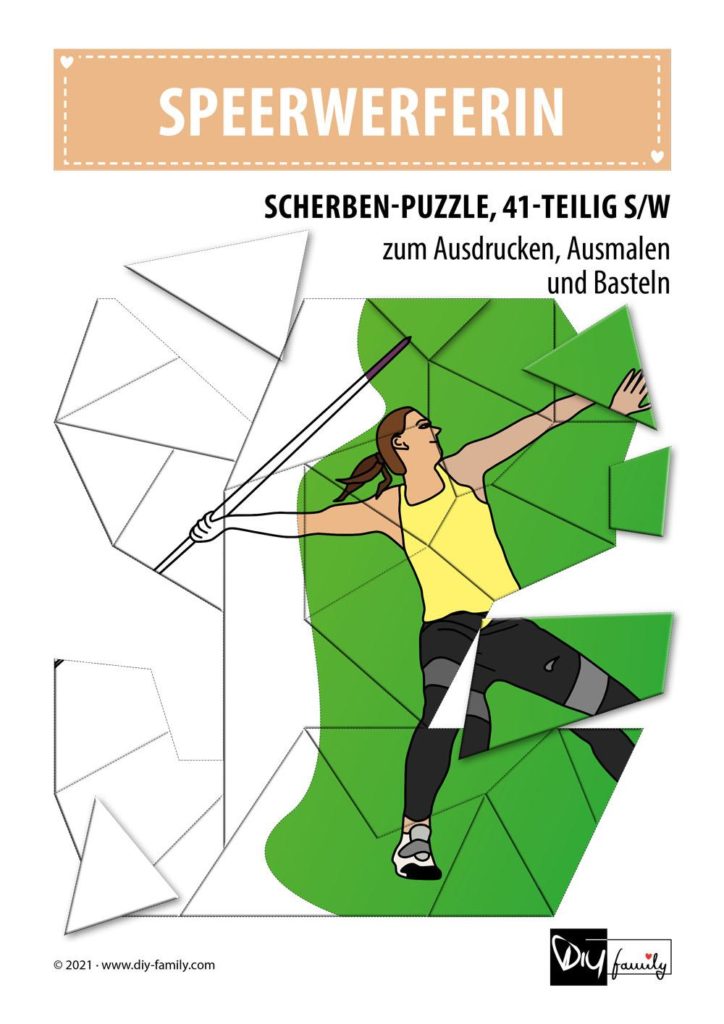 Speerwerferin – Scherben-Puzzle zum Ausdrucken, Ausschneiden und Ausmalen