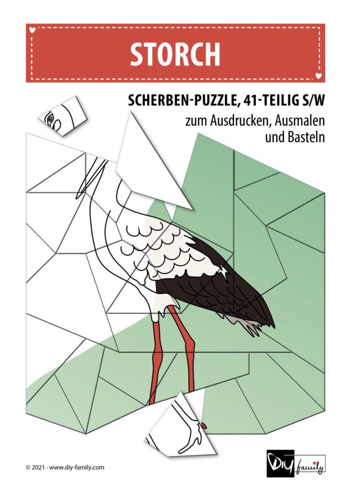 Storch – Scherben-Puzzle zum Ausdrucken, Ausschneiden und Ausmalen