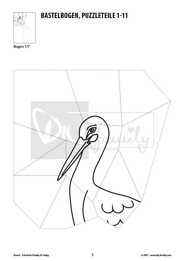 Storch – Scherben-Puzzle zum Ausdrucken, Ausschneiden und Ausmalen