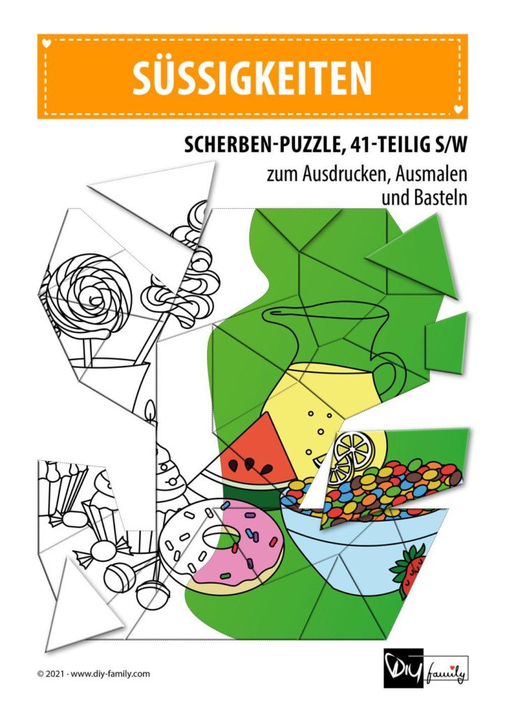 Süßigkeiten – Scherben-Puzzle zum Ausdrucken, Ausschneiden und Ausmalen