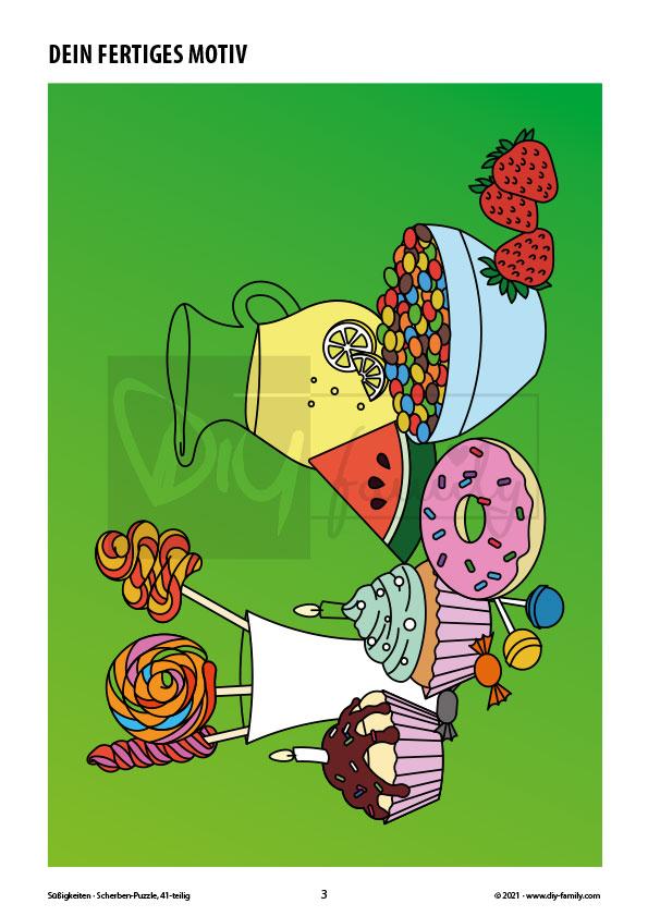 Süßigkeiten – Scherben-Puzzle zum Ausdrucken, Ausschneiden und Ausmalen