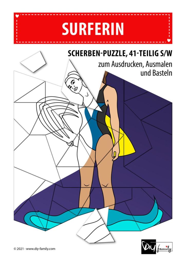 Surferin – Scherben-Puzzle zum Ausdrucken, Ausschneiden und Ausmalen