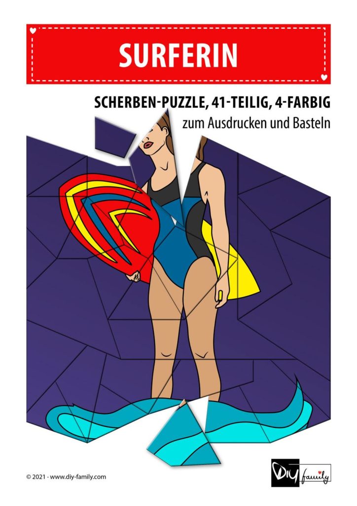 Surferin – Scherben-Puzzle zum Ausdrucken und Ausschneiden