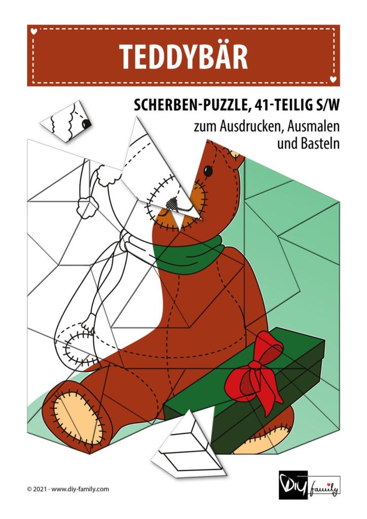 Teddybär – Scherben-Puzzle zum Ausdrucken, Ausschneiden und Ausmalen