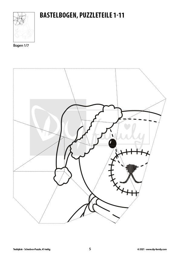 Teddybär – Scherben-Puzzle zum Ausdrucken, Ausschneiden und Ausmalen