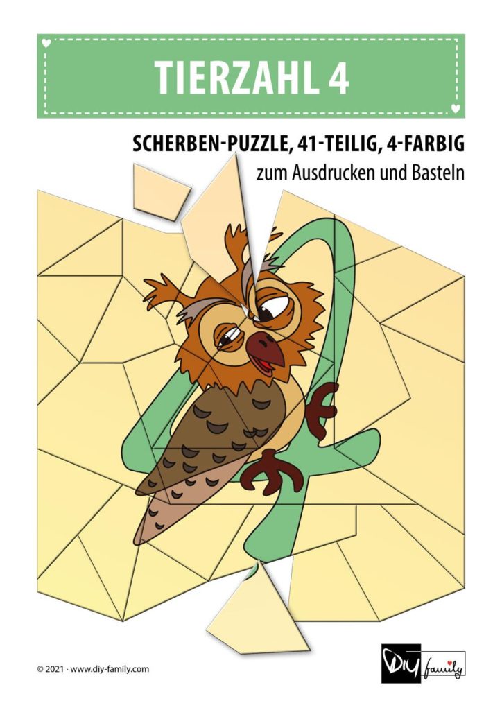Tierzahlen 4 – Scherben-Puzzle zum Ausdrucken und Ausschneiden