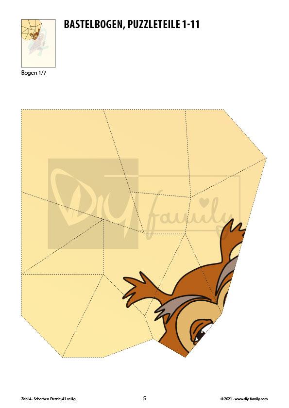 Tierzahlen 4 – Scherben-Puzzle zum Ausdrucken und Ausschneiden