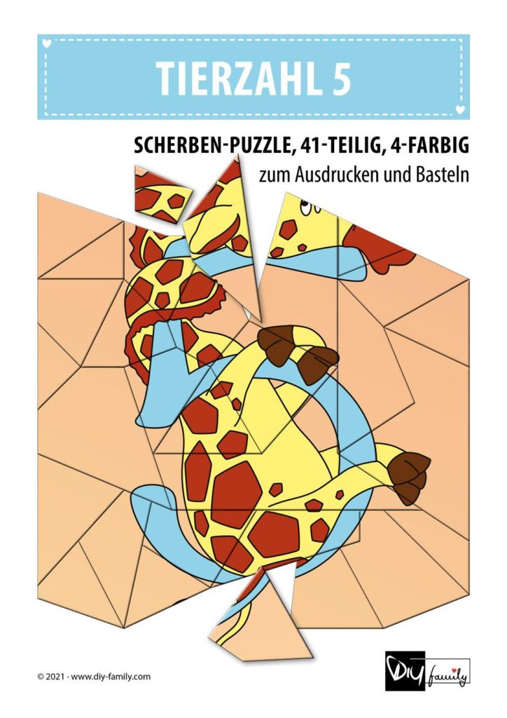 Tierzahlen 5 – Scherben-Puzzle zum Ausdrucken und Ausschneiden