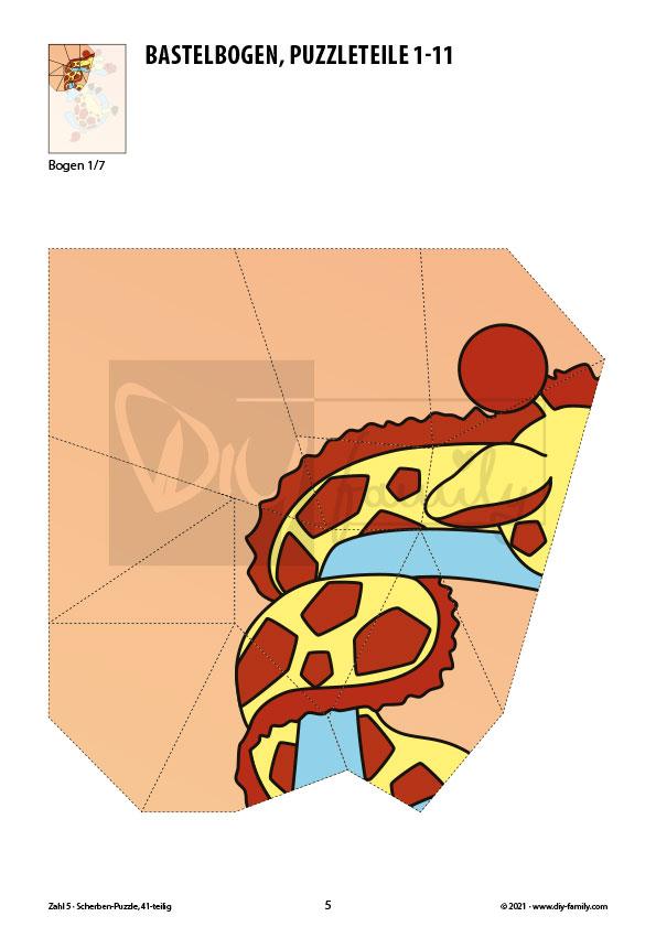 Tierzahlen 5 – Scherben-Puzzle zum Ausdrucken und Ausschneiden