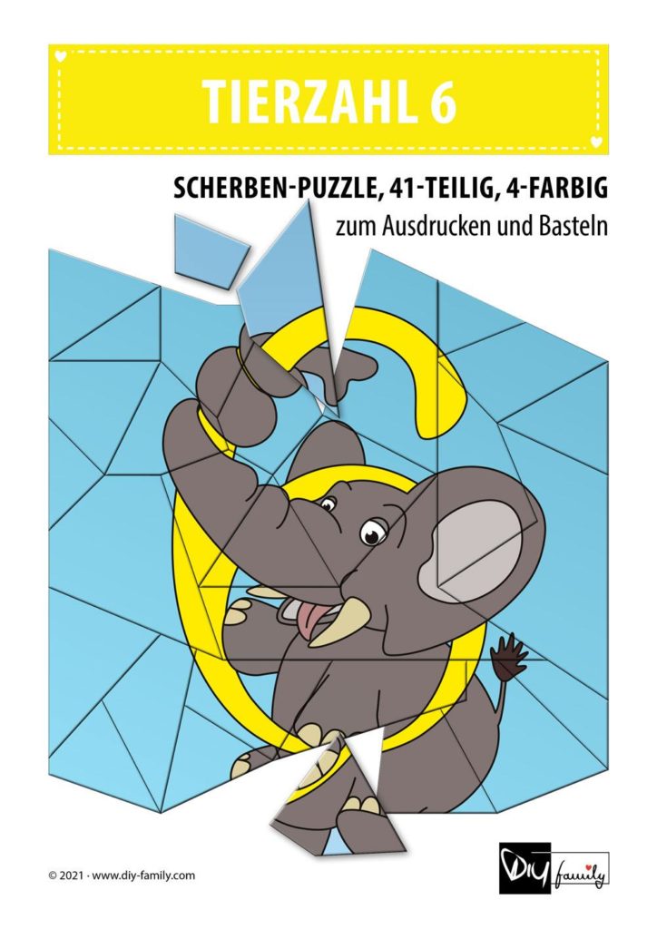 Tierzahlen 6 – Scherben-Puzzle zum Ausdrucken und Ausschneiden