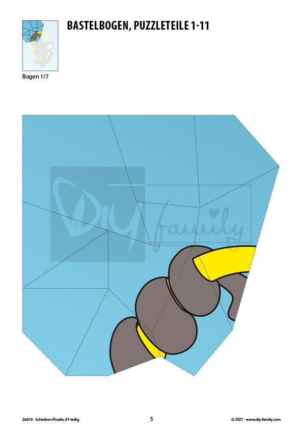 Tierzahlen 6 – Scherben-Puzzle zum Ausdrucken und Ausschneiden