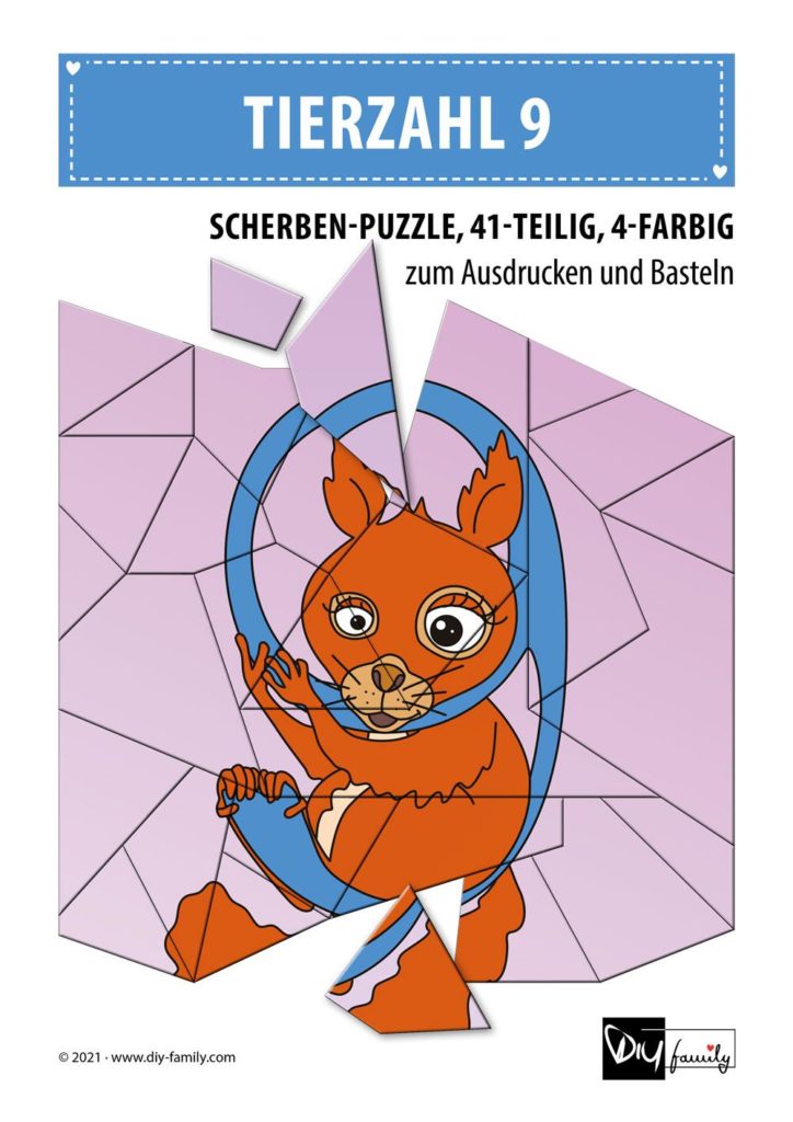 Tierzahlen 9 – Scherben-Puzzle zum Ausdrucken und Ausschneiden