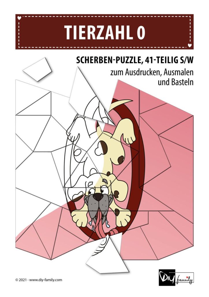 Tierzahlen 0 – Scherben-Puzzle zum Ausdrucken, Ausschneiden und Ausmalen