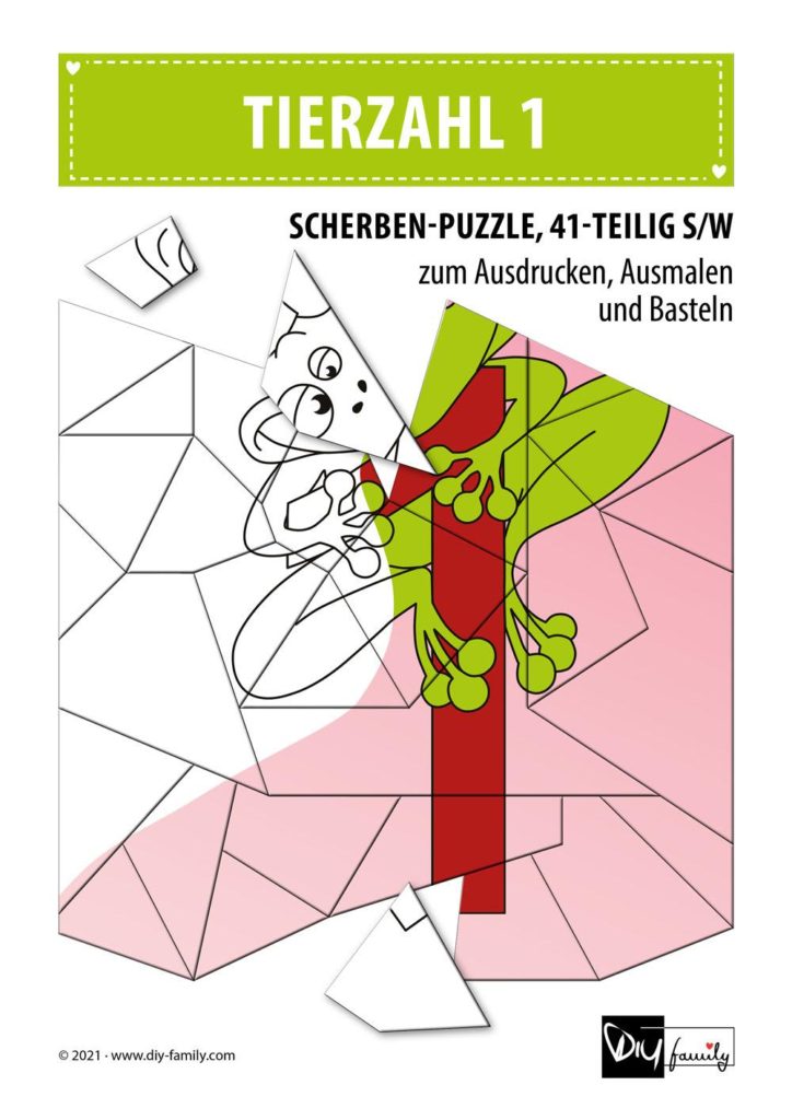 Tierzahlen 1 – Scherben-Puzzle zum Ausdrucken, Ausschneiden und Ausmalen