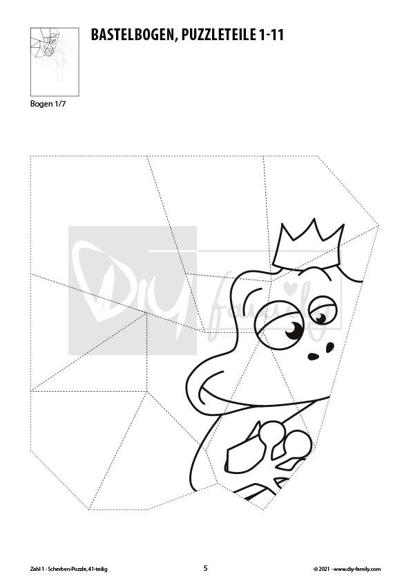 Tierzahlen 1 – Scherben-Puzzle zum Ausdrucken, Ausschneiden und Ausmalen